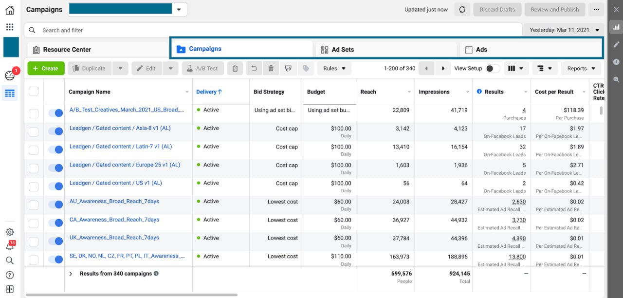 340 campaigns, one playbook — multi-market lead gen — campaign results dashboard (340 Active campaigns)