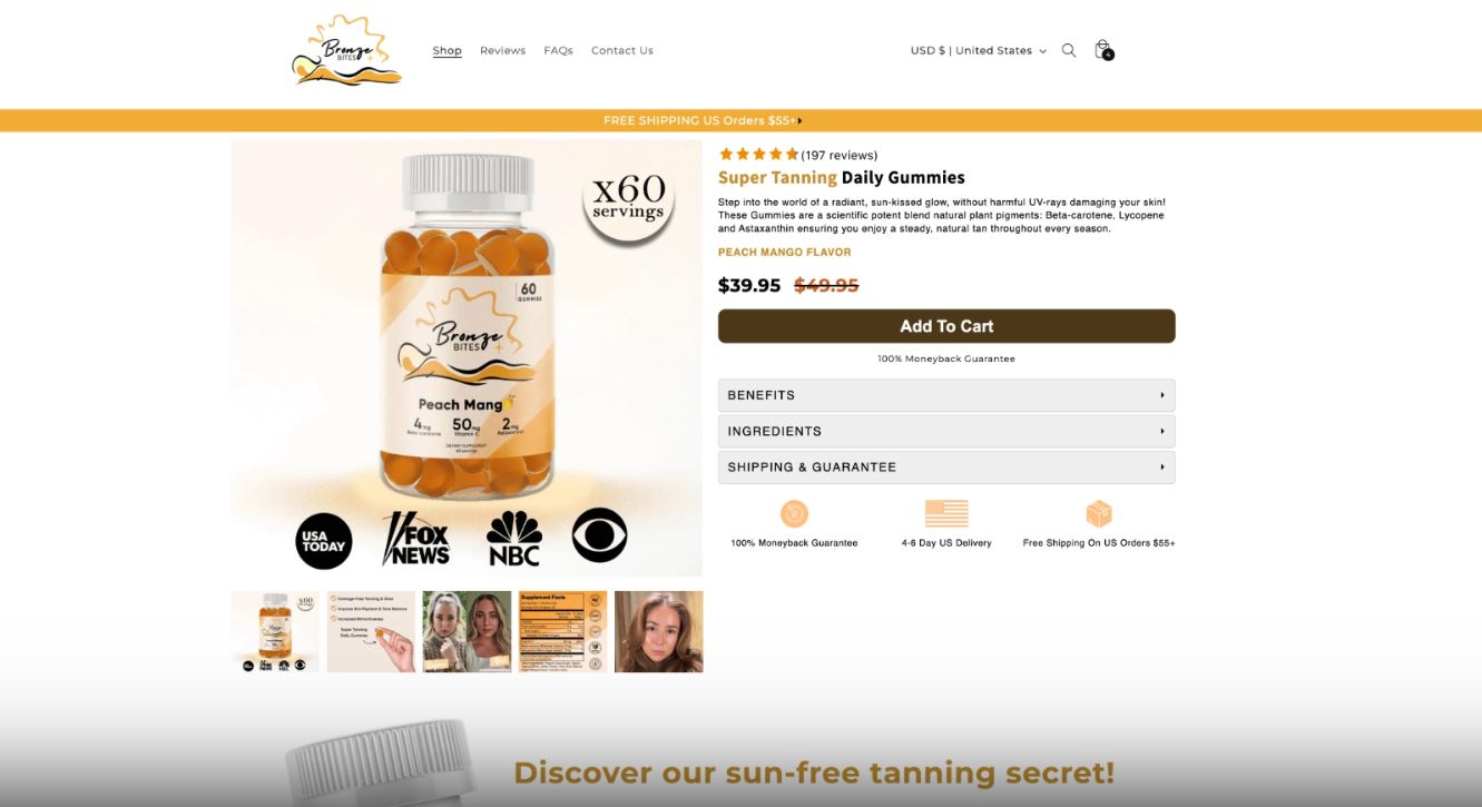 Super Tanning Gummies: $244K gross sales from a $39 hero SKU — campaign results dashboard ($244,894 Gross sales (blended))
